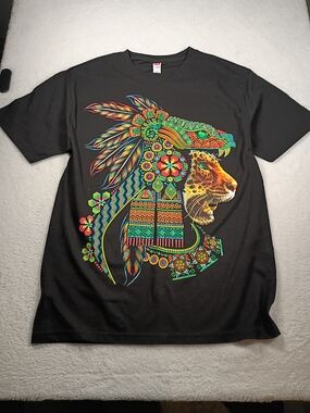 Psychedelic Jaguar Snake Graphic Tee Black Double-Sided Festival Shirt Medium